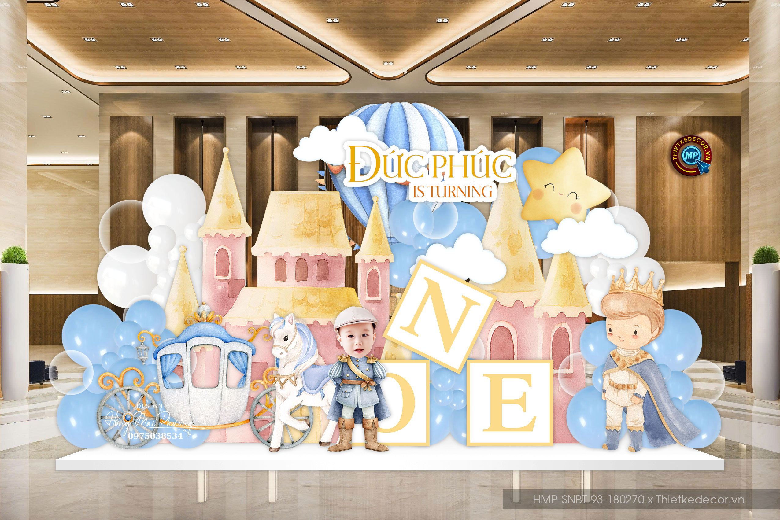 Sinh nhật bé trai tone xanh pastle chủ đề Hoàng tử và lâu đài